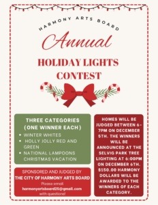Learn about the City of Harmony Arts Board Holiday Light Contest