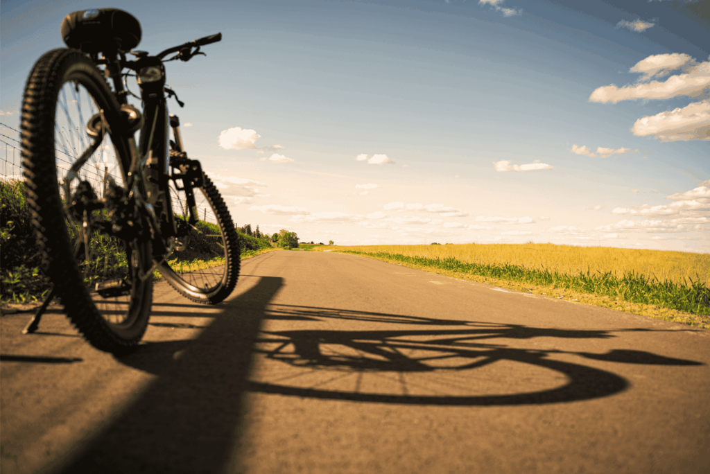 Bicycle resting beside a paved bike trail through rural southeastern Minnesota farmland on a sunny summer day.